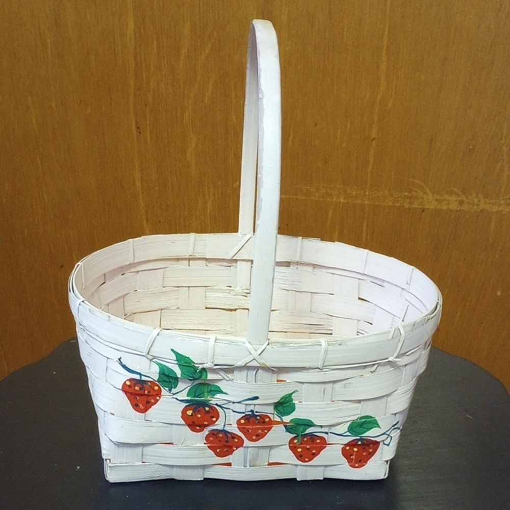 Strawberry Hand Painted Oval Woven Storage Basket w/ Handle & Red Cloth Lining